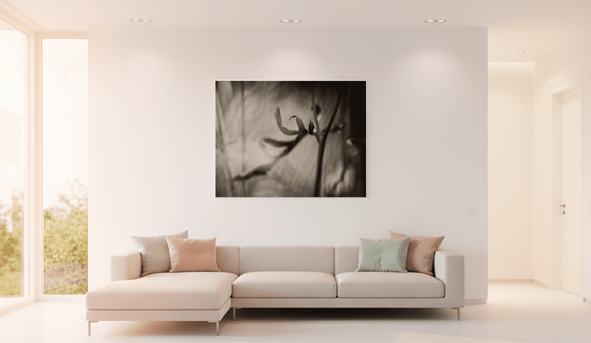 Salon moderne avec œuvre d'art panoramique